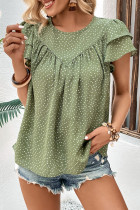 Olive Spot Pin-Tuck Tiered Sleeves Blouse