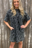 Gray Vintage Washed Leopard T-Shirt Dress with Pockets