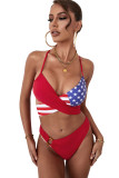 Red American Flag Print Halter Neck Bikini Set