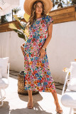 Multicolor Long Floral Print Short Sleeve Holiday Dress