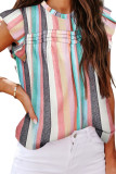 Green Striped Color Block Ruffled O-neck Sleeveless Top