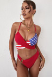 Red American Flag Print Halter Neck Bikini Set