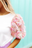 White 3D Floral Sleeve Round Neck Blouse