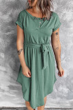 Green Buttons Crewneck Lace-up High Waist Mini Dress