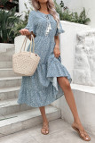 Puff Sleeves Tiered Splicing Printing Dress 