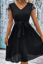 Black Lace Sleeves Waist Lace Up Smocked Dress 