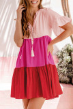 Pink Tie Button V Neck Short Flowy Sleeve Tiered Dress
