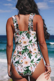 White Floral Print Ruched Straps One Piece Swimsuit