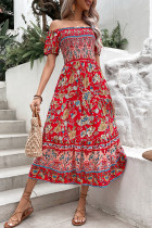 Red Off Shoulder Floral Ruffle Dress 
