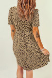 Brown Leopard V-Neck Buttons Short Sleeve Midi Dress