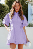 Purple Puff Sleeve Bubble Hem Mini Dress