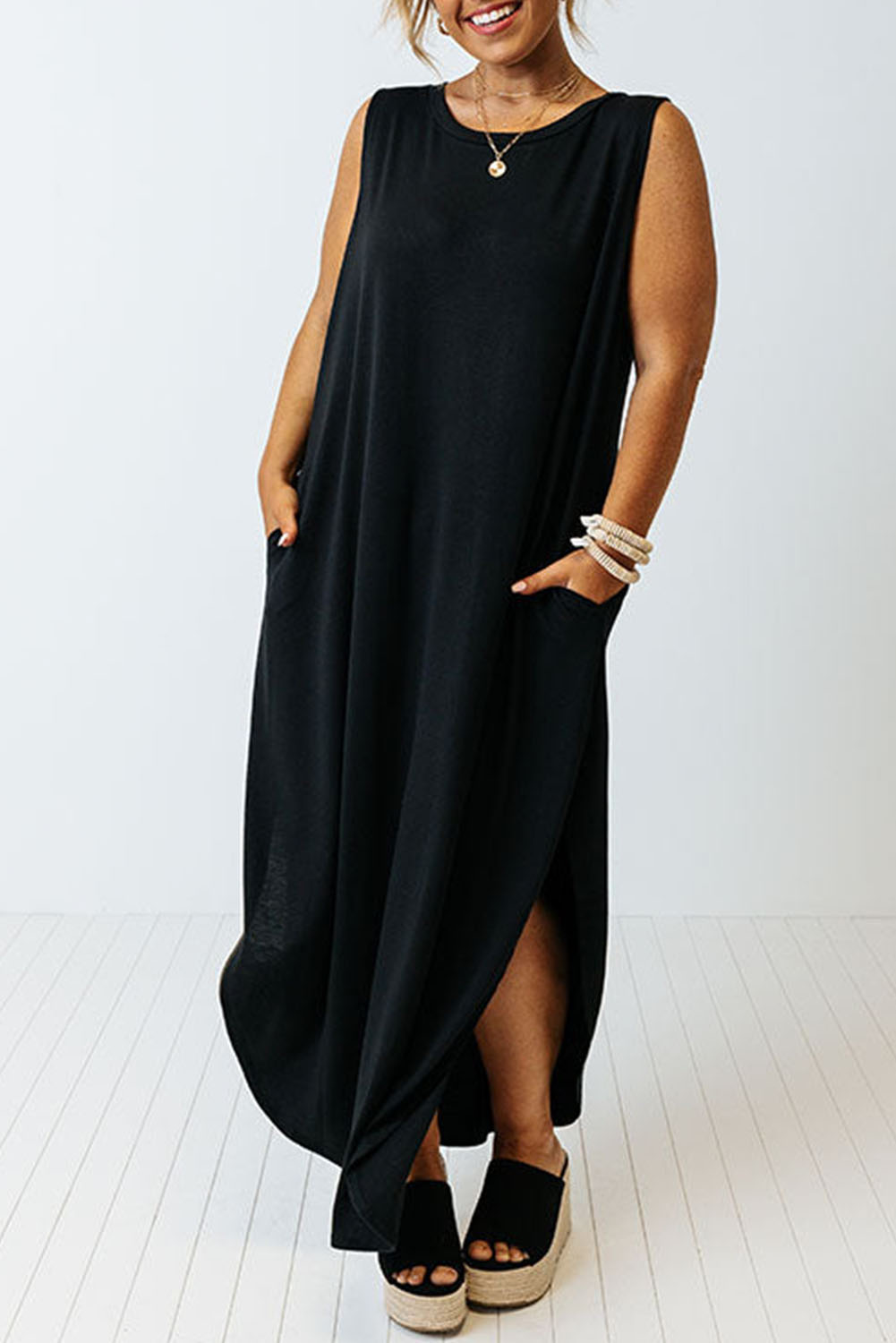 US 15 80 Black Plus Size Wide Sleeveless Shoulder Straps Maxi Dress 