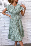 Green Flower Print Elastic Wasit Splicing Dress 