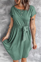 Green Buttons Crewneck Lace-up High Waist Mini Dress