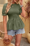 Puff Sleeves Swiss Dot Ruffle Hem Top 