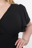 Black Plus Size Flutter Sleeve V Neck Midi Dress