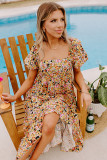 Yellow Puff Sleeve Square Neck Open Back Floral Midi Dress