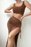 Plain Crop Tank Top With Side Ruched High Split Skirt Two Pieces Dress