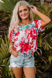 Red Floral Printed Embroidered Square Neck Blouse