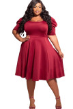 Red Plus Size Ruched Puff Sleeves Fit Flare Midi Dress