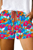 Multicolor Plus Size Abstract Floral Print Drawstring Shorts