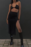 Black Side Ruched High Split Long Skirt