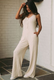 Apricot Sleeveless Buttoned Ribbed Wide Leg Jumpsuit with Pockets
