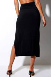 Black Side Ruched High Split Long Skirt