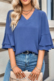 Plain V Neck Flare Tiered Sleeves Blouse