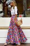Multicolor Abstract Floral Print Tassel Tie Ruffle Maxi Skirt