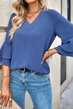 Plain V Neck Flare Tiered Sleeves Blouse