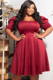 Red Plus Size Ruched Puff Sleeves Fit Flare Midi Dress