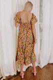Yellow Puff Sleeve Square Neck Open Back Floral Midi Dress