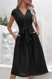 Black Tie Waist V Neck Sleeveless Dress 