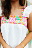 White Aztec Embroidered Square Neck Ruffle Tank Top