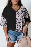 Black Plus Size Leopard Patchwork Short Sleeve Top