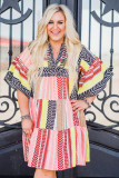 Multicolor Plus Size Tribal Stripe Print Tiered Swing Dress