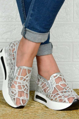 Embroidery Mesh Platform Slip On Shoes