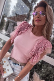 Pink Sequined Ruffle Mesh Sleeves Top