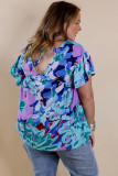 Blue Abstract Floral Print V Neck Plus Blouse