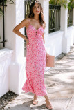 Pink Flower Print Front Cut out Maxi Dress