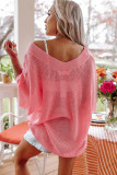 Pink V Neck Half Sleeves Loose Knitted Top