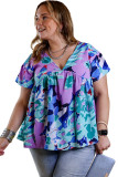 Blue Abstract Floral Print V Neck Plus Blouse