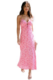 Pink Flower Print Front Cut out Maxi Dress