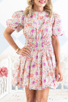 Red Puff Sleeve Smocked Waist Floral Dress
