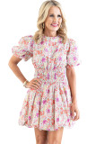 Red Puff Sleeve Smocked Waist Floral Dress