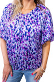 Purple Plus Size Printed Round Neck Bubble Sleeve Blouse
