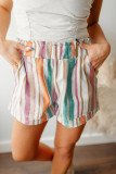 Green Stripe Vintage Washed Elastic Frill Waist Casual Shorts