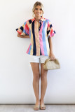 Multicolor Color Block Striped Puff Sleeve Buttoned Shirt