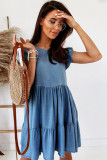 Sky Blue Crew Neck Flutter Tiered A-line Chambray Dress